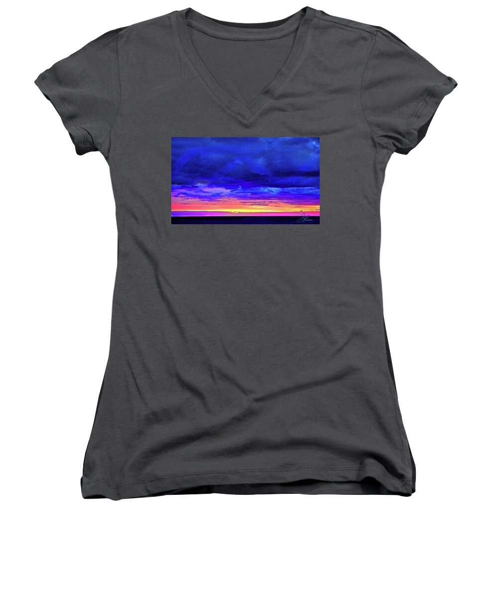 Horizon Sunrise Painting Signed By Artist Women's V-Neck featuring the painting California Sunrise by Joan Reese