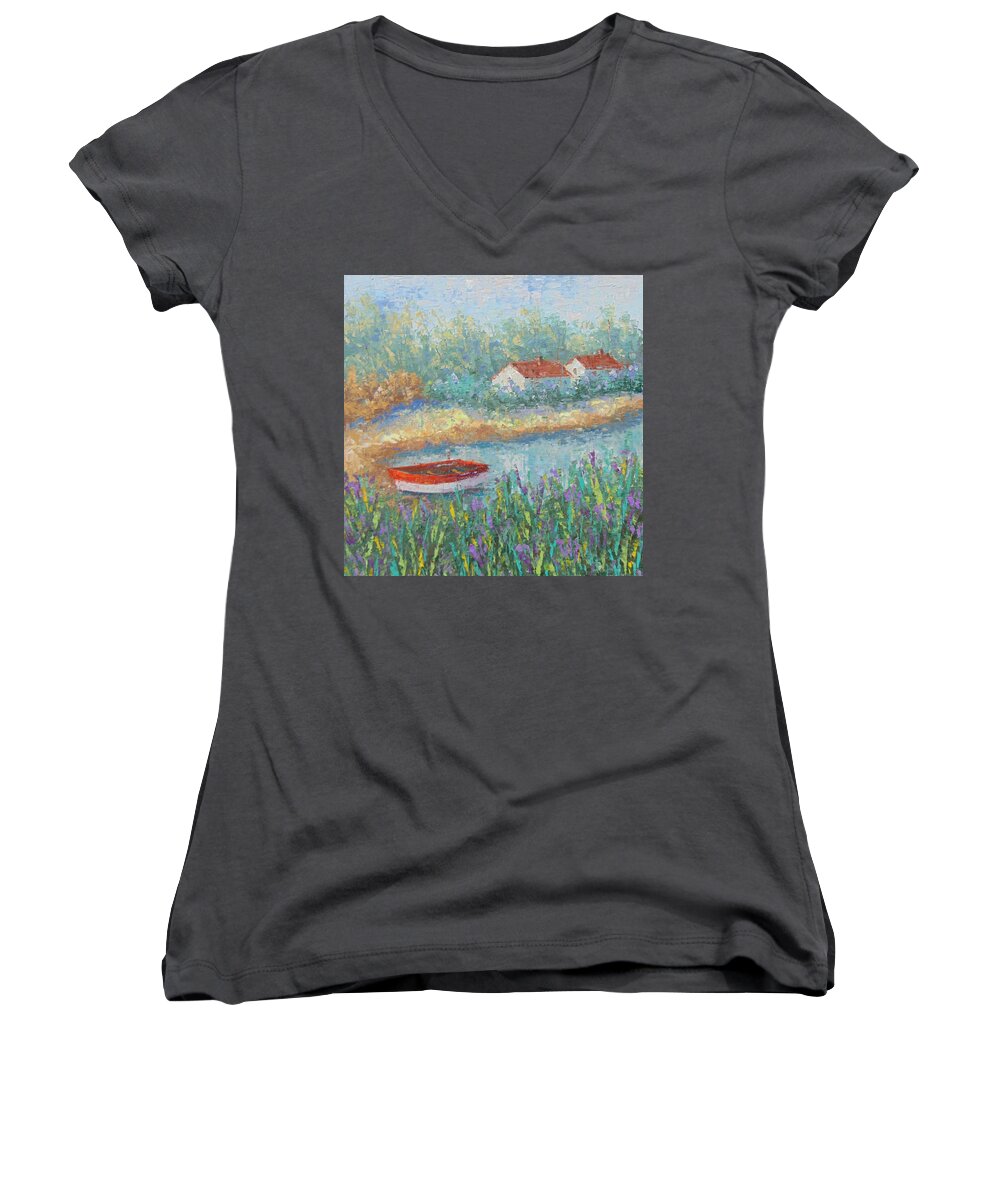 Provence Women's V-Neck featuring the painting Canal du Midi Provence by Frederic Payet