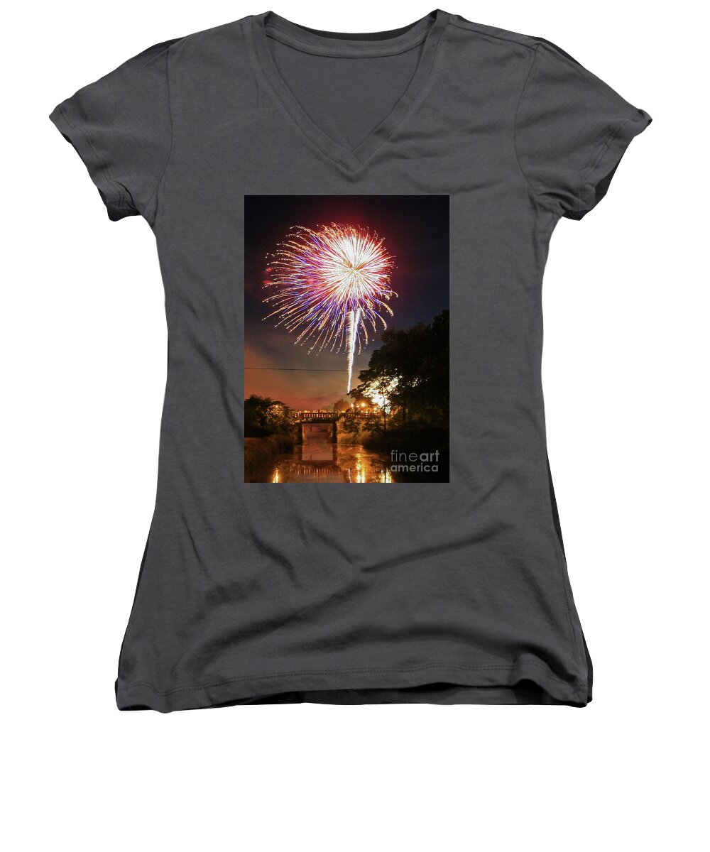 Fire Works Women's V-Neck featuring the photograph Canal View of Fire Works by Paula Guttilla