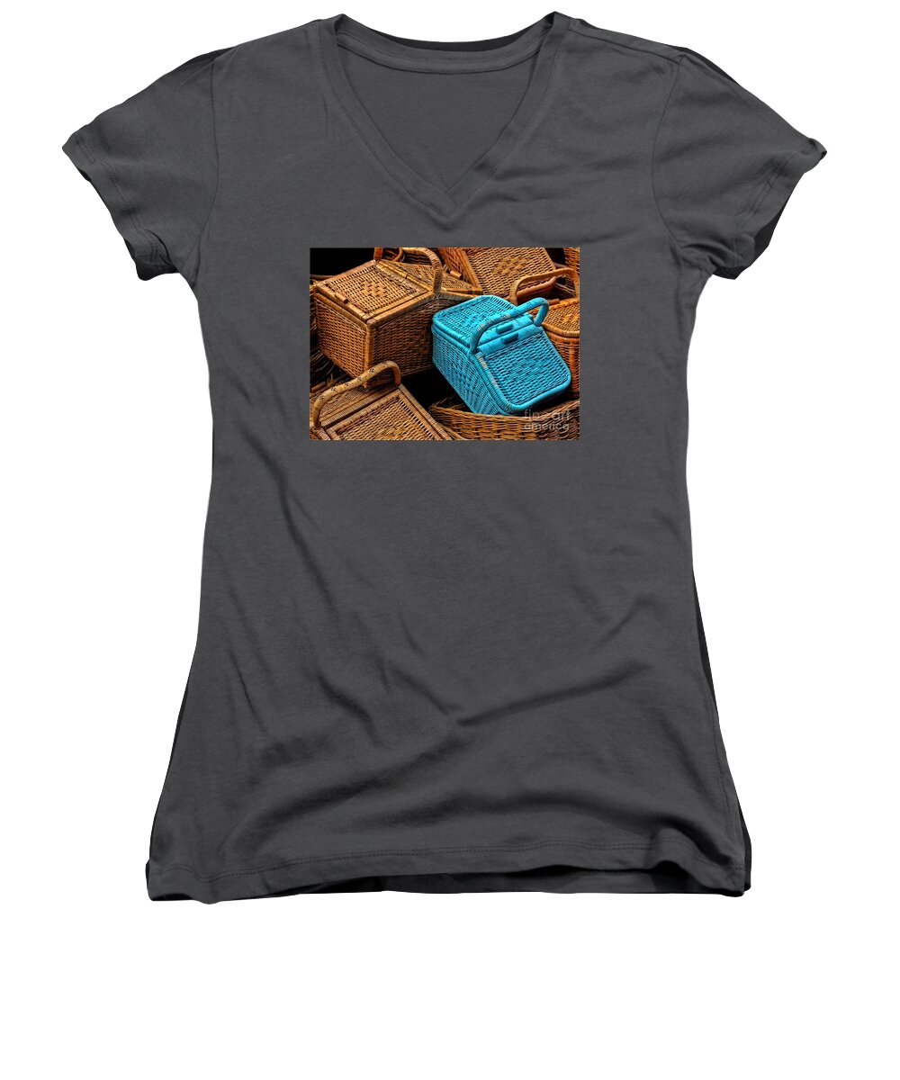 Baskets Women's V-Neck featuring the photograph Cane Baskets by Charuhas Images