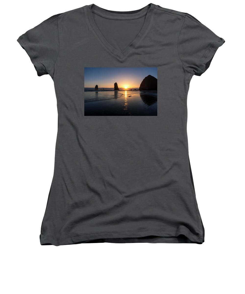 Sunsets Women's V-Neck featuring the photograph Cannon Beach Sunset by Steven Clark