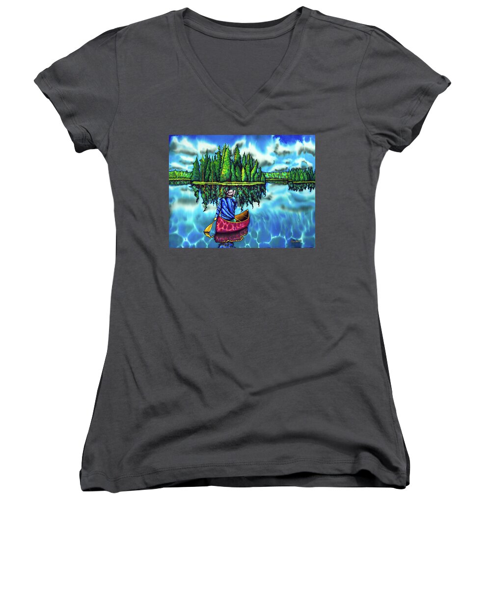 Jean-baptiste Design Women's V-Neck featuring the painting Canoeing Ontario by Daniel Jean-Baptiste