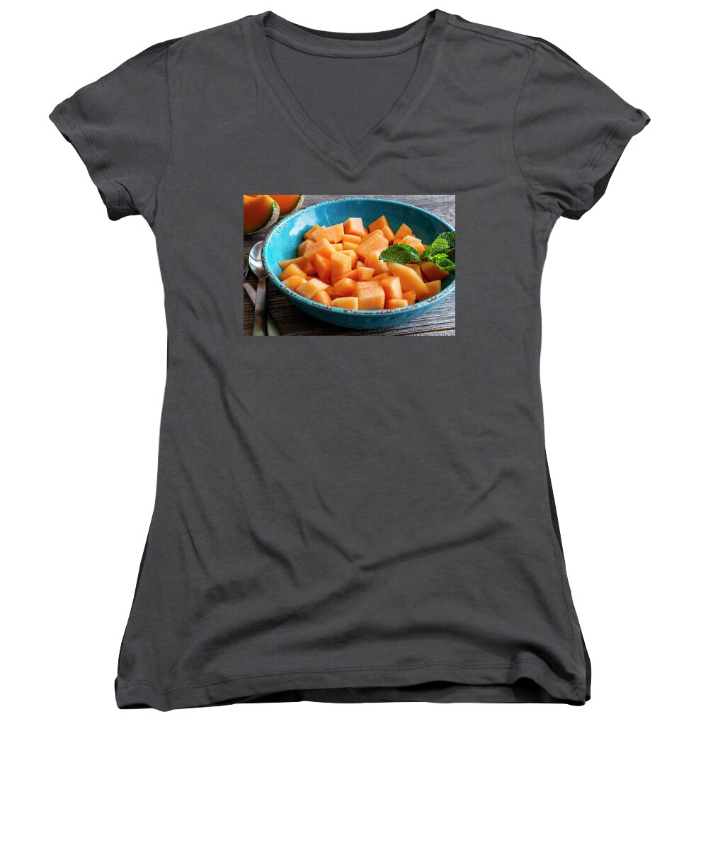 Cantaloupe Women's V-Neck featuring the photograph Cantaloupe for Breakfast by Teri Virbickis