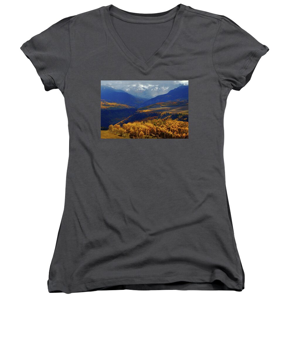 Last Women's V-Neck featuring the photograph Canyon shadows and light from Last Dollar Road in Colorado during autumn by Jetson Nguyen