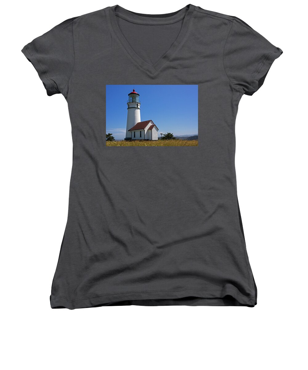 Cape Blanco Lighthouse Women's V-Neck featuring the photograph Cape Blanco Lighthouse H by Inge Riis McDonald
