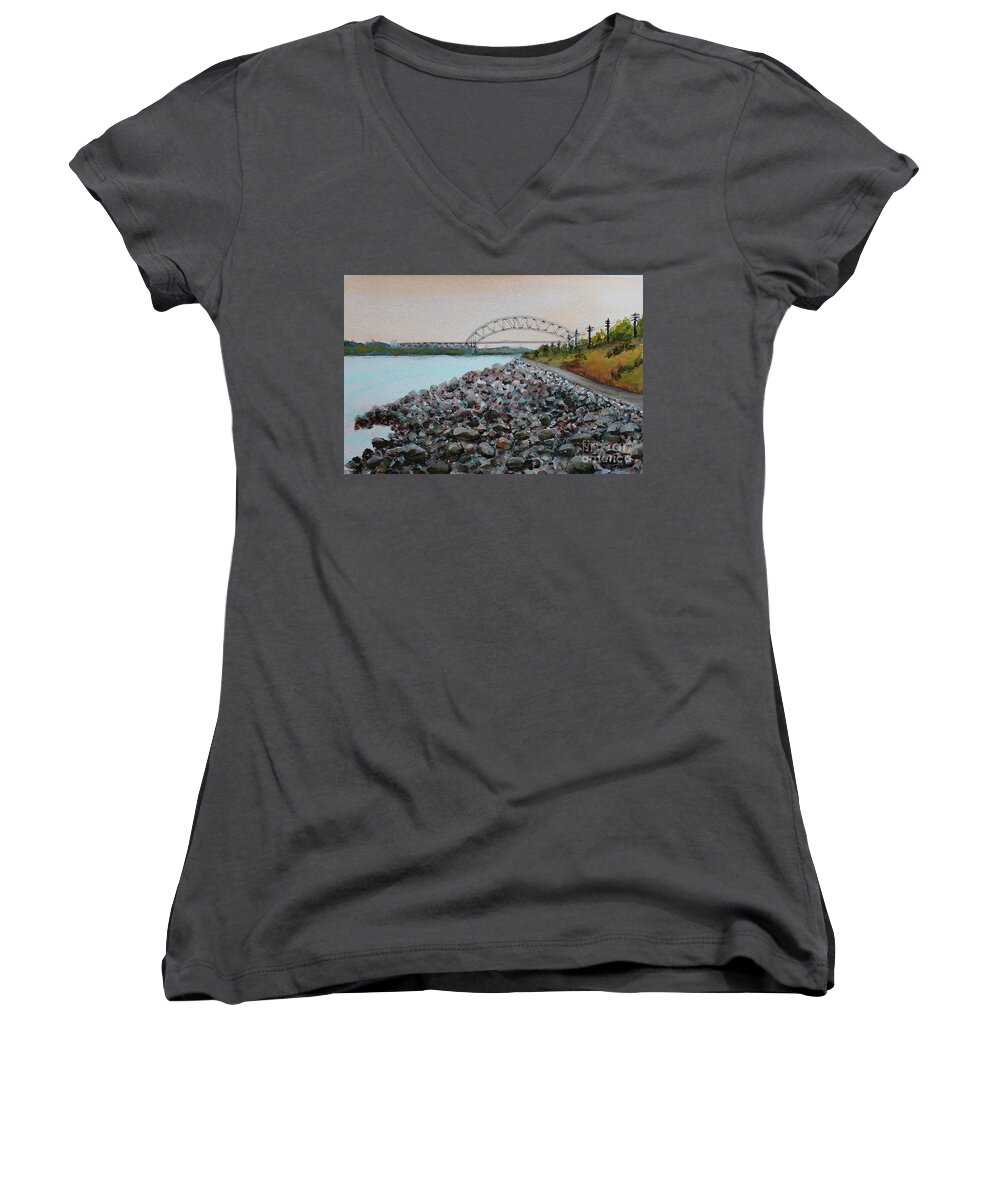 Cape Cod Women's V-Neck featuring the painting Cape Cod Canal to the Bourne Bridge by Rita Brown