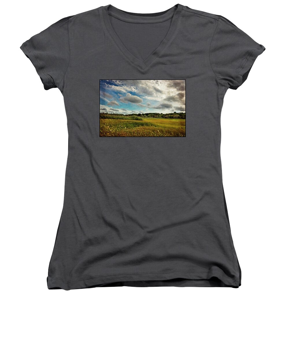 Clouds Women's V-Neck featuring the photograph Cape Cod Marsh 2 by Frank Winters
