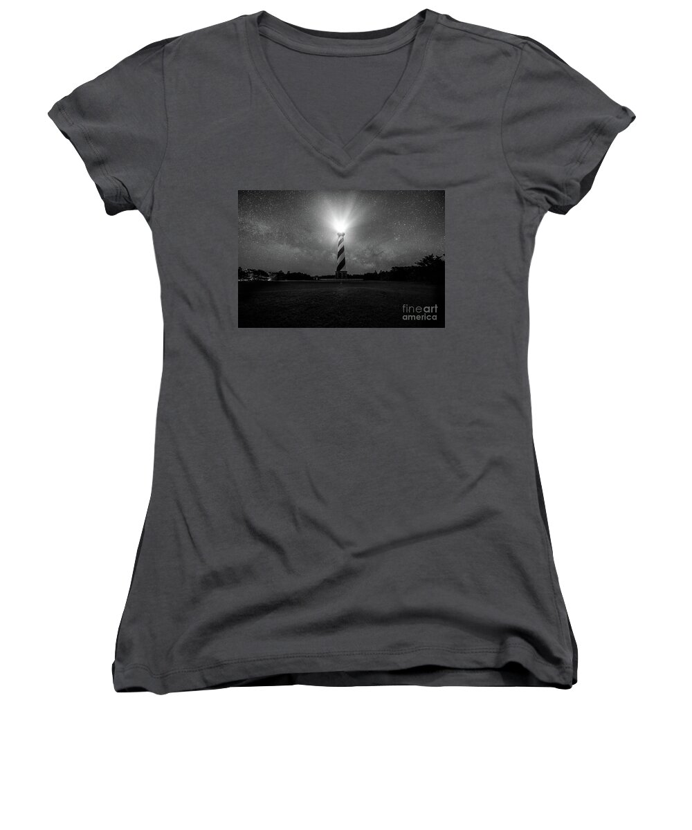 Space Women's V-Neck featuring the photograph Cape Hatteras Light And The Milky Way Galaxy by Robert Loe