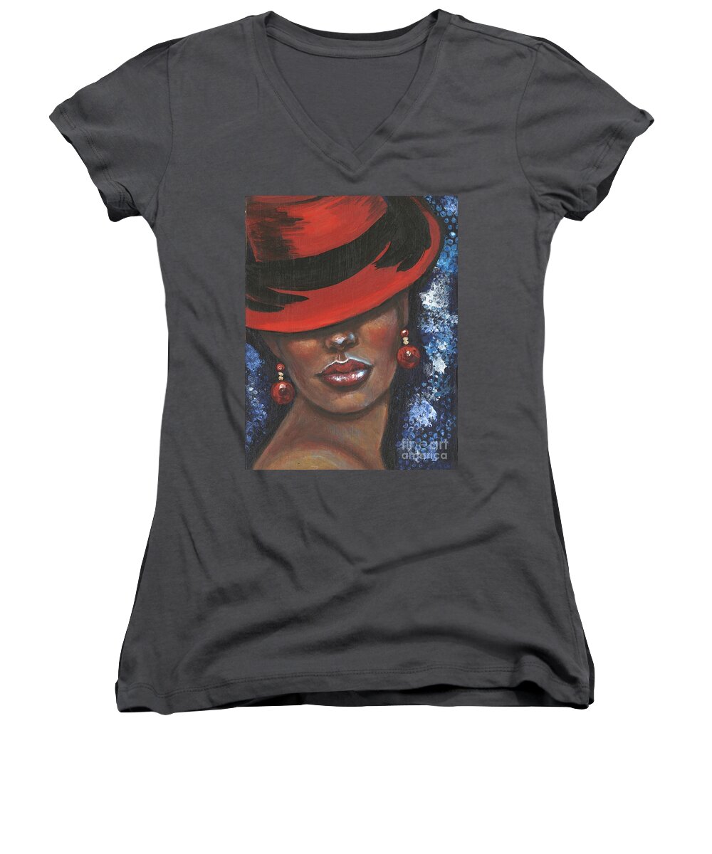 Woman Women's V-Neck featuring the painting Carbaret Red by Alga Washington