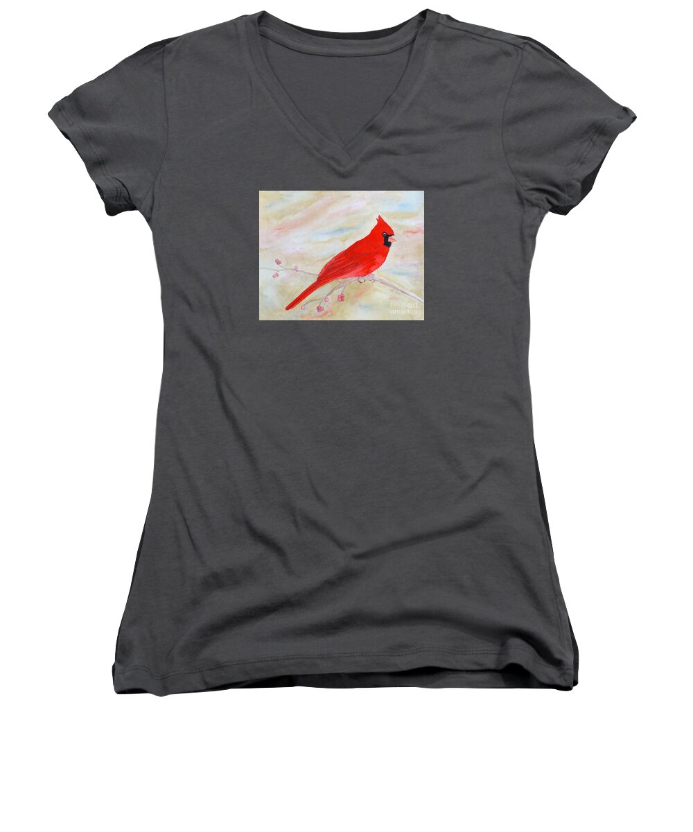 Cardinal Women's V-Neck featuring the painting Cardinal Watching by Laurel Best
