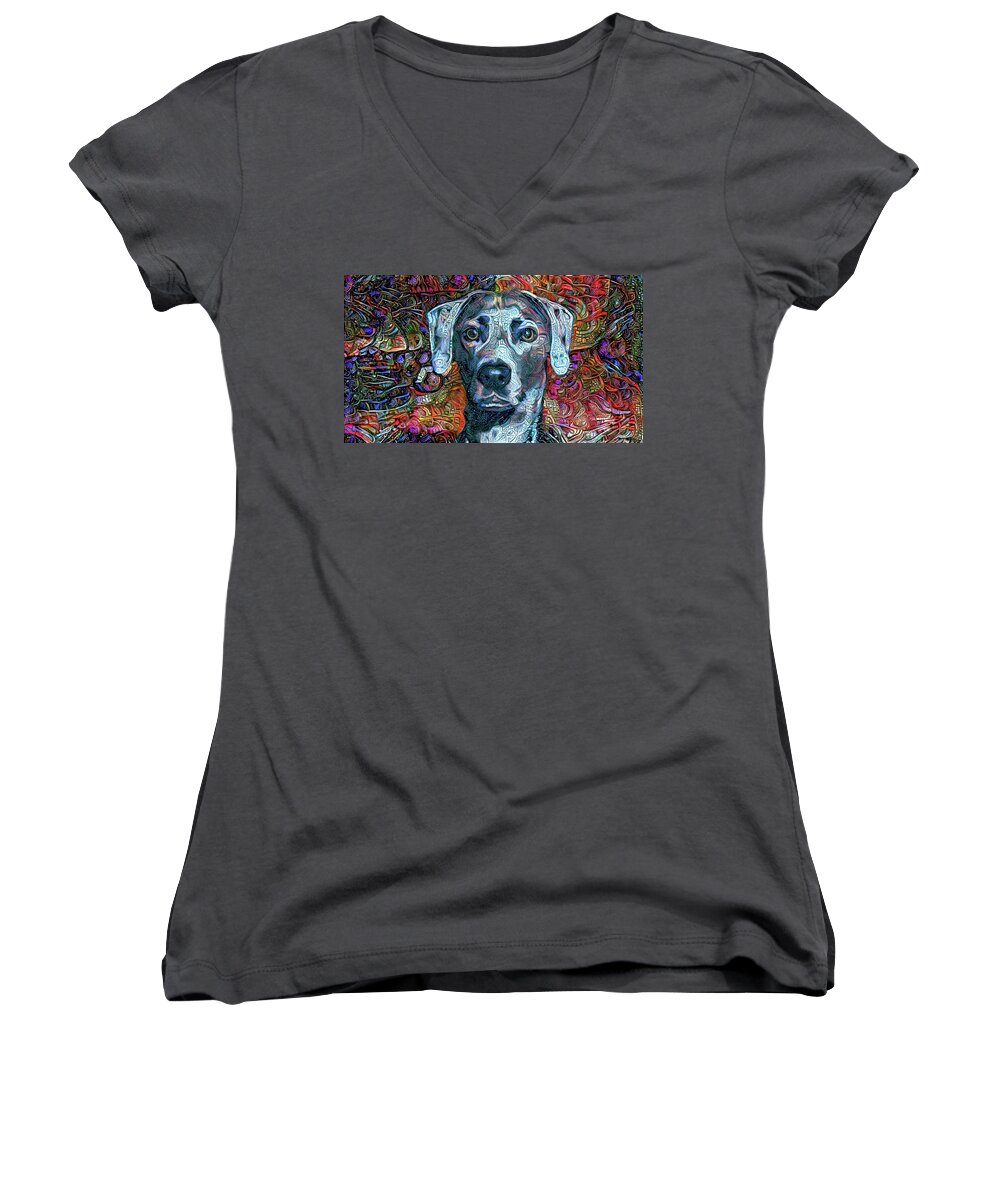 Lacy Dog Women's V-Neck featuring the digital art Cash the Blue Lacy Dog by Peggy Collins