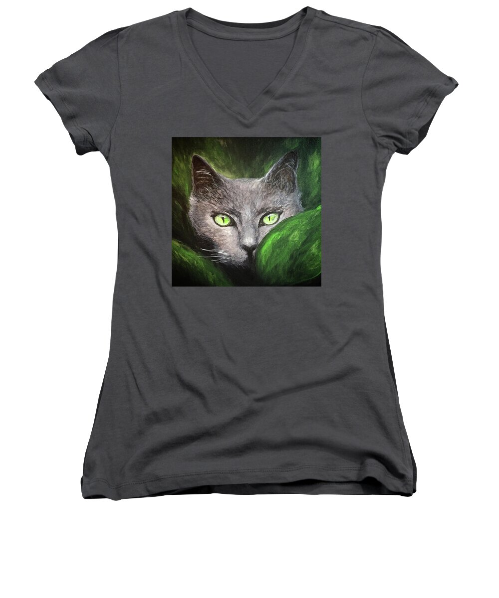 Cat Women's V-Neck featuring the painting Cat Eyes by Michelle Pier