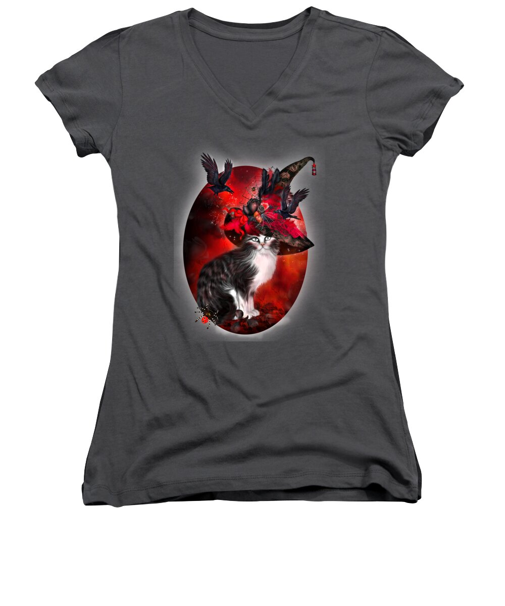 Cat Women's V-Neck featuring the mixed media Cat In Fancy Witch Hat 1 by Carol Cavalaris