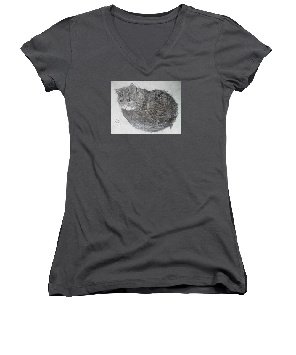Cat Women's V-Neck featuring the mixed media Cat named Shrimp by AJ Brown