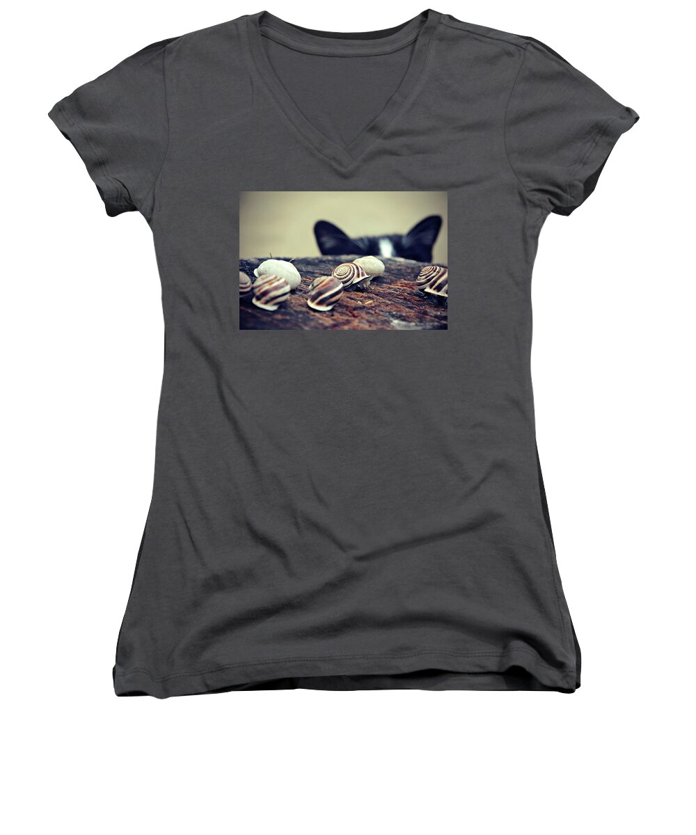 Cat Women's V-Neck featuring the photograph Cat Snails by Trish Mistric