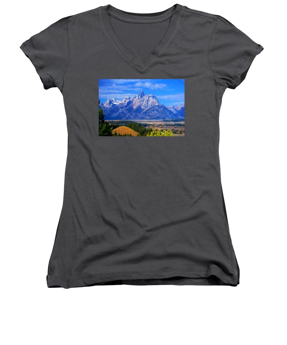 Tetons Women's V-Neck featuring the photograph Cathedral Group Impressions by Greg Norrell