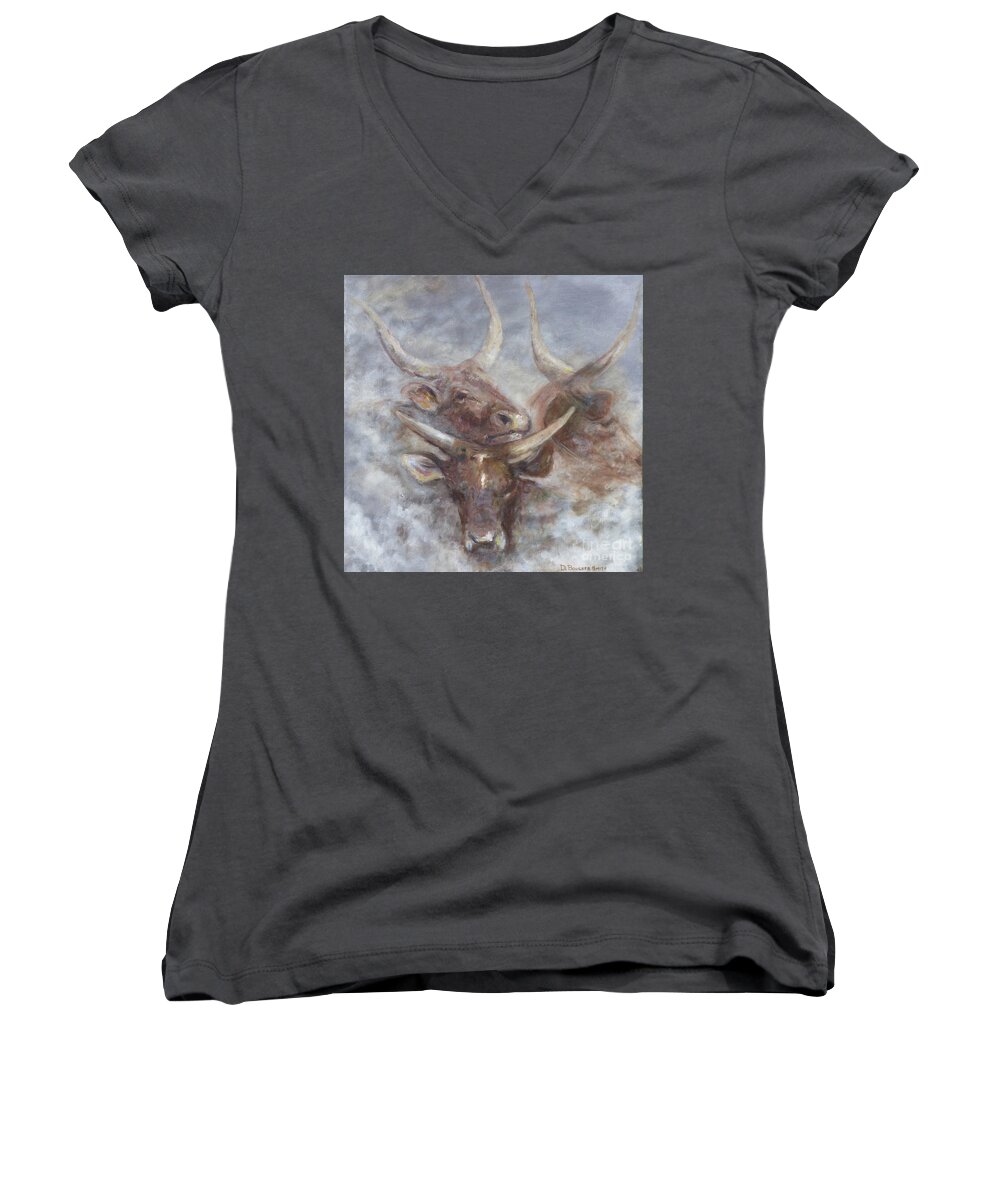 Longhorn Steers Women's V-Neck featuring the painting Cattle in the Mist by Deborah Smith