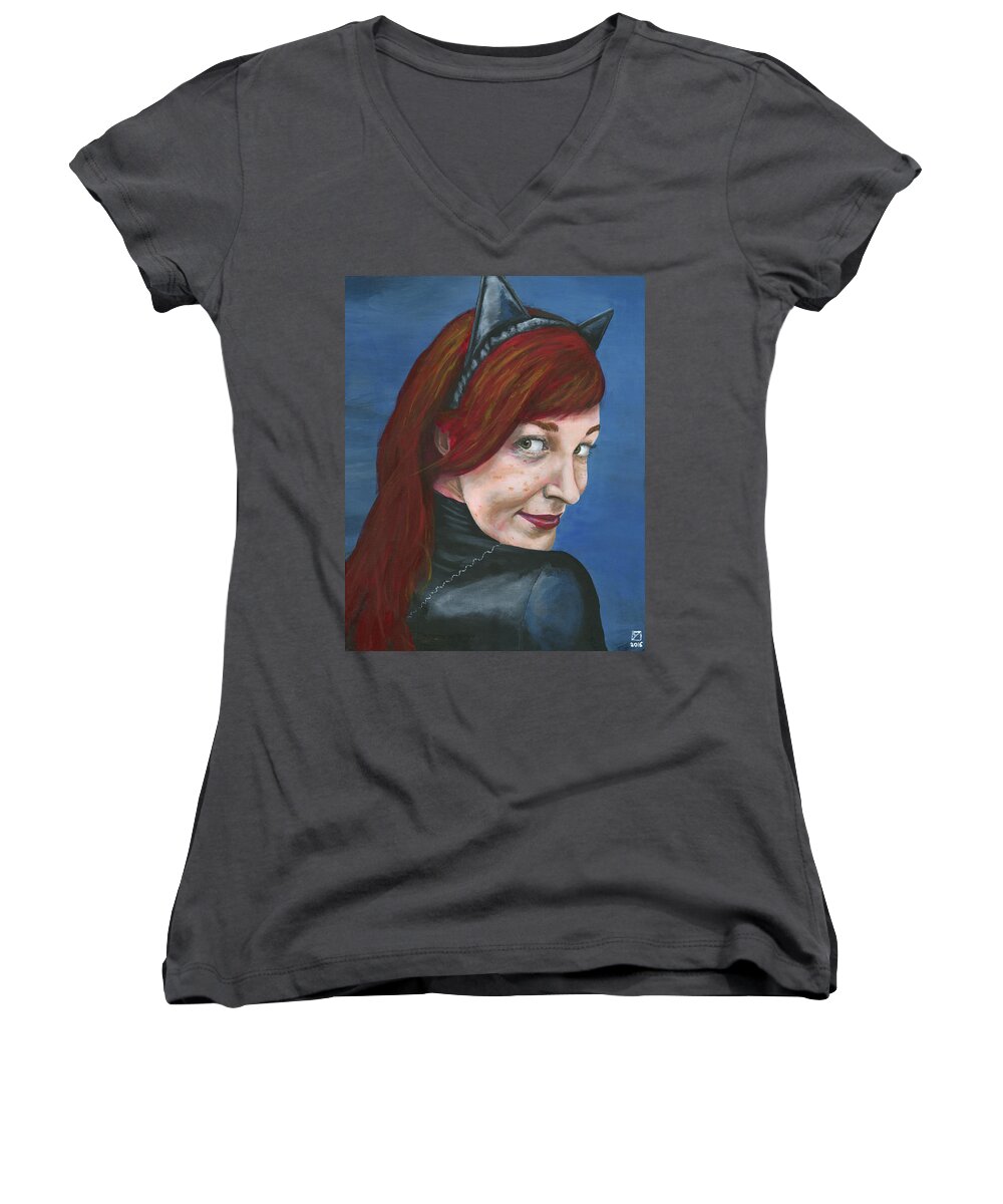 Cosplay Women's V-Neck featuring the painting Catwoman by Matthew Mezo