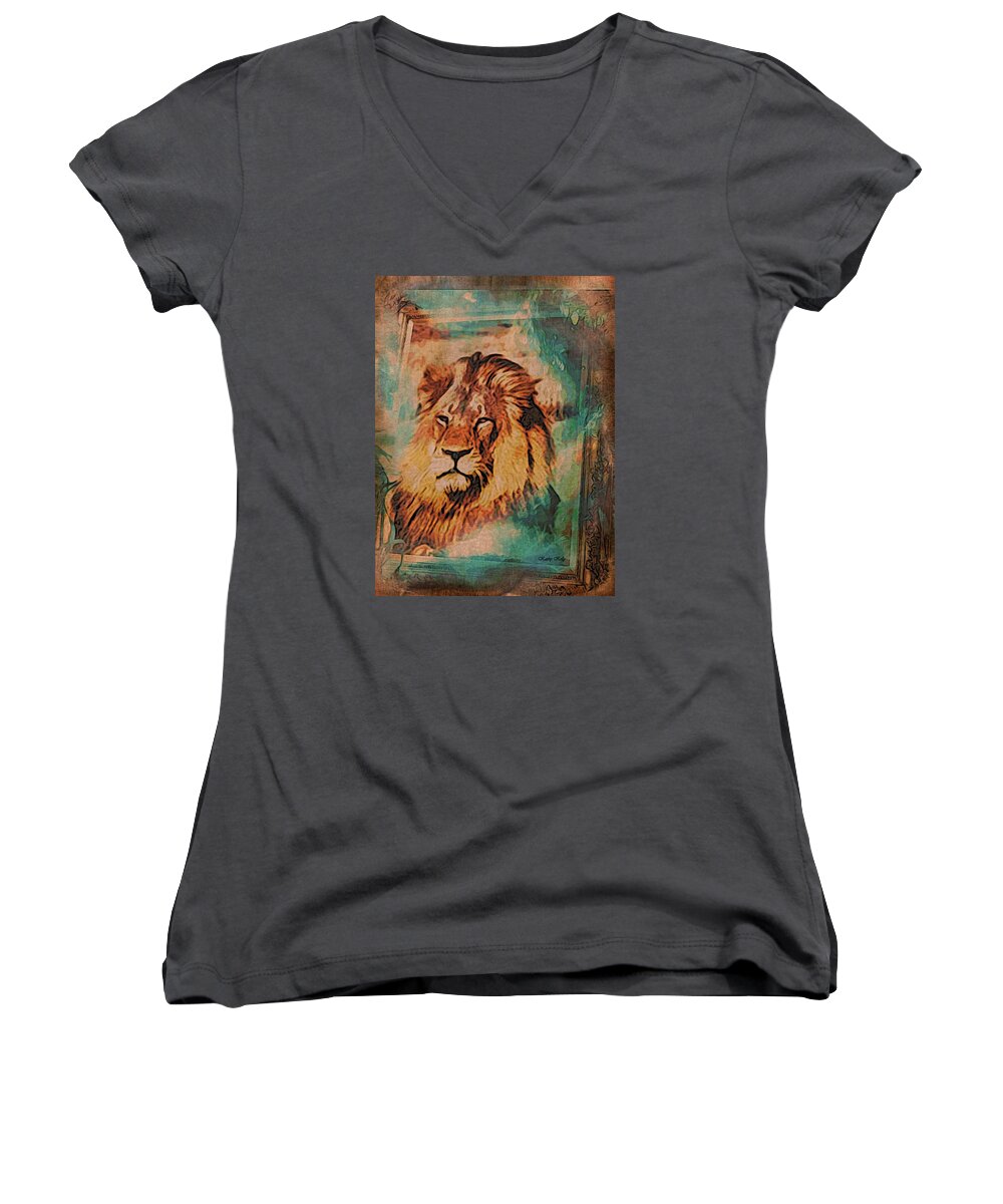 Cecil The Lion Women's V-Neck featuring the digital art Cecil the Lion by Kathy Kelly