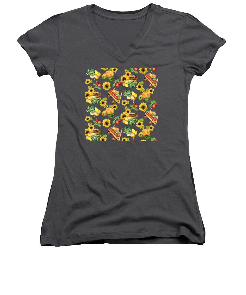Harvest Women's V-Neck featuring the painting Celebrate Abundance Harvest Half Drop Repeat by Audrey Jeanne Roberts