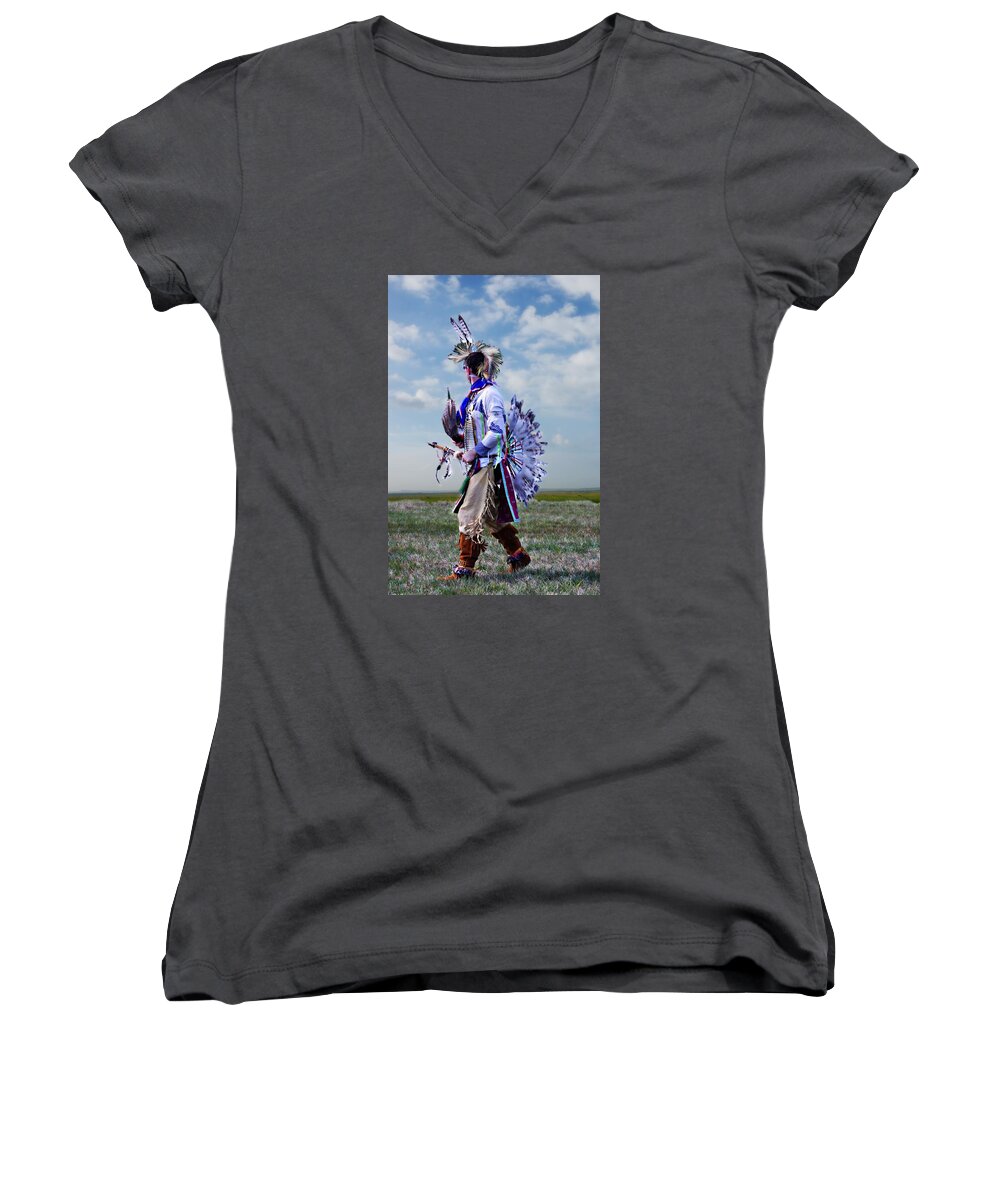 Native American Dancer Women's V-Neck featuring the photograph Celebrate the Dance by Karen McKenzie McAdoo