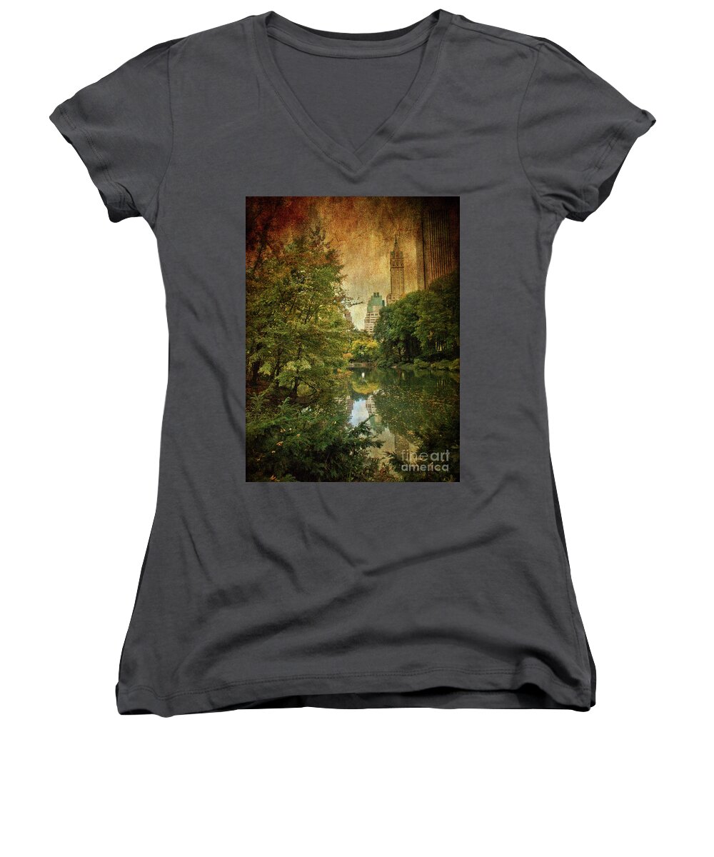 Central Park Women's V-Neck featuring the photograph Central Park In Autumn Texture 4 by Dorothy Lee