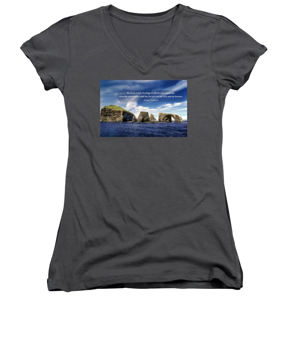 Photograph Women's V-Neck featuring the photograph Channel Island National Park - Anacapa Island Arch with Bible Verse by John A Rodriguez