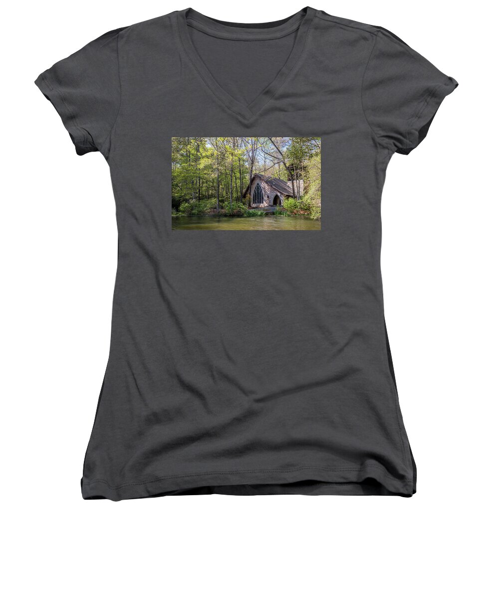Ida Cason Women's V-Neck featuring the photograph Chapel in the Woods by Susie Weaver