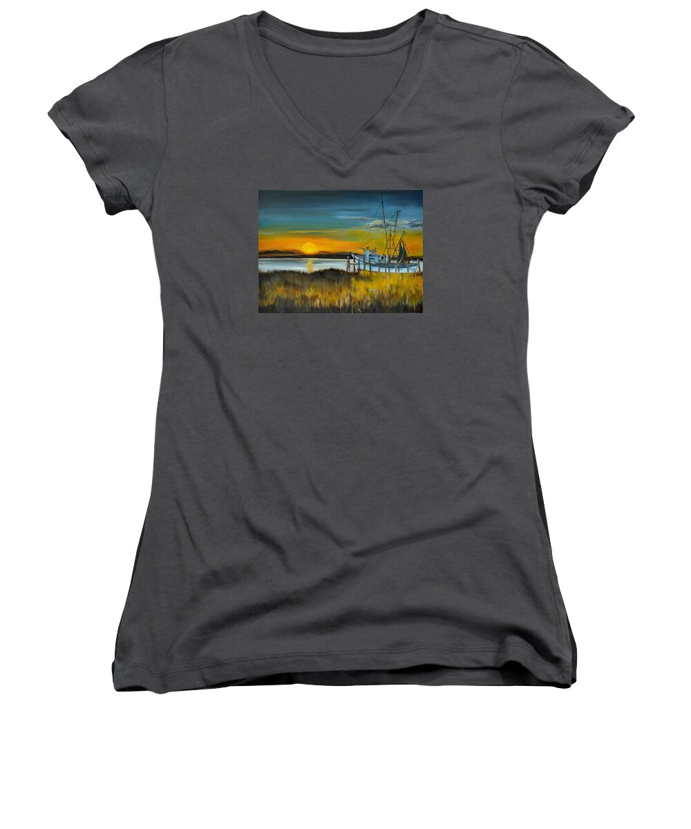 Landscape Women's V-Neck featuring the painting Charleston Low Country by Lindsay Frost