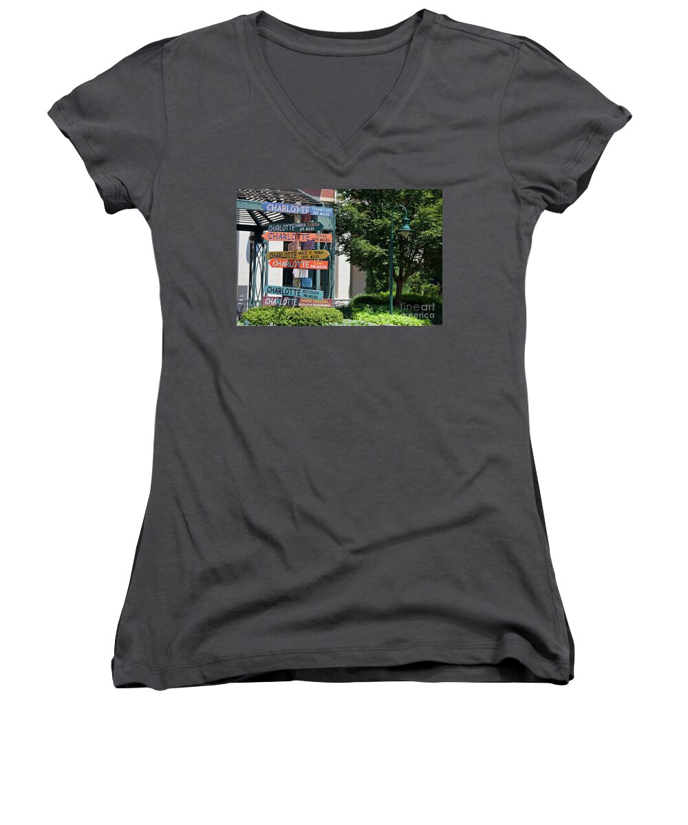 Charlotte Women's V-Neck featuring the photograph Charlotte Signs on the Green by Jill Lang