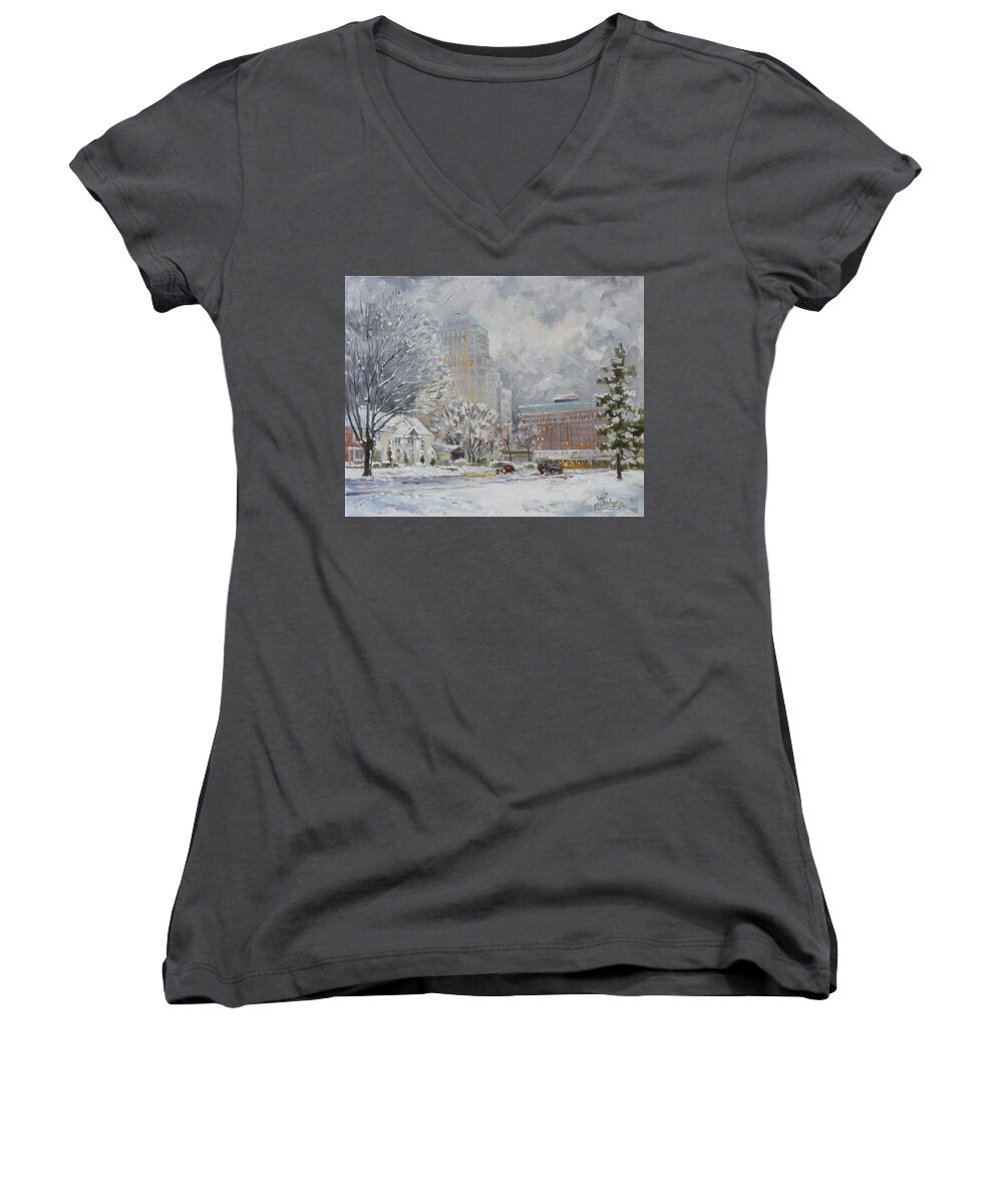 St.louis Painting Women's V-Neck featuring the painting Chase Park Plaza in winter, St.Louis by Irek Szelag