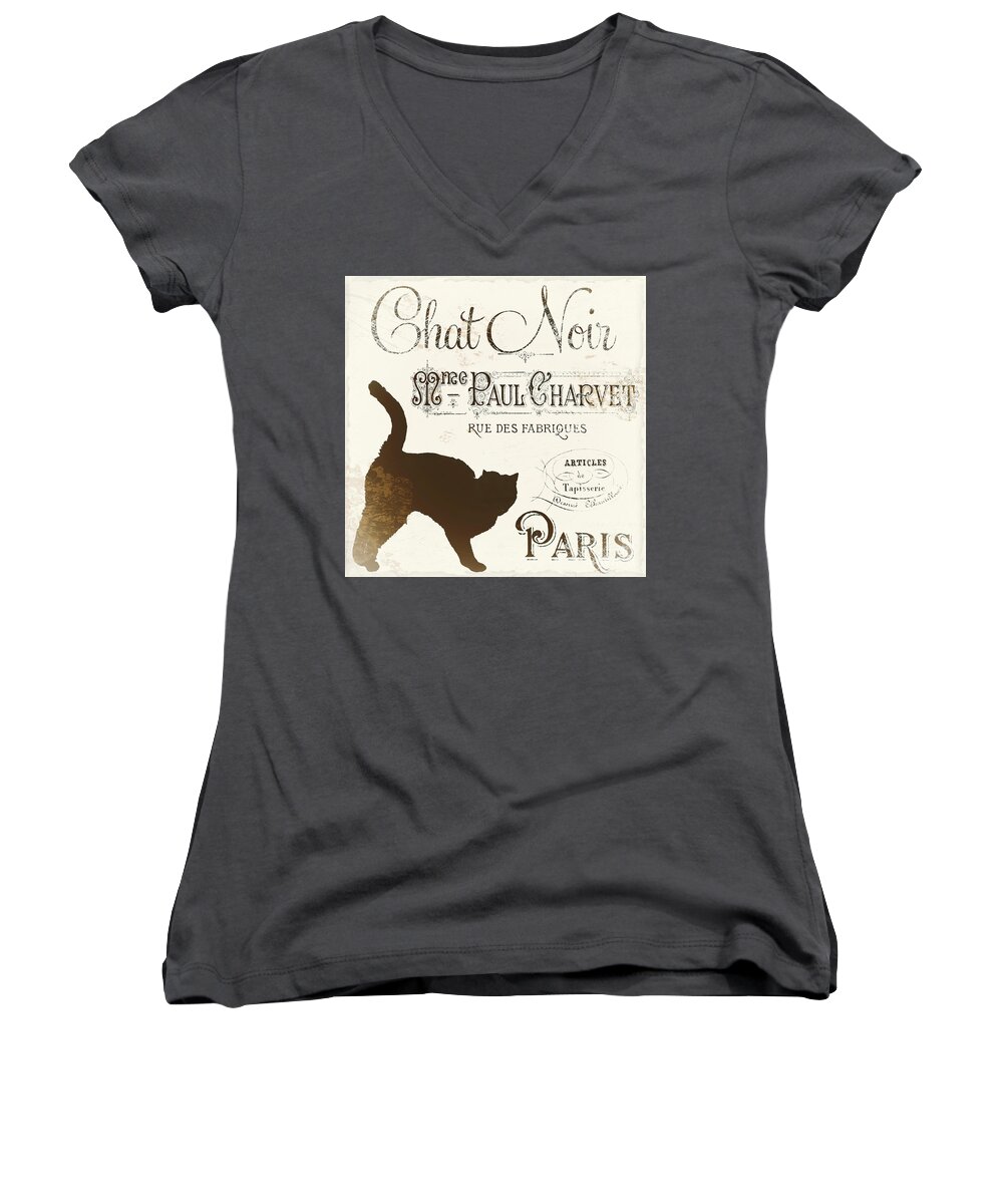 Cat. Cats. Black Cats Women's V-Neck featuring the painting Chat Noir Paris by Mindy Sommers