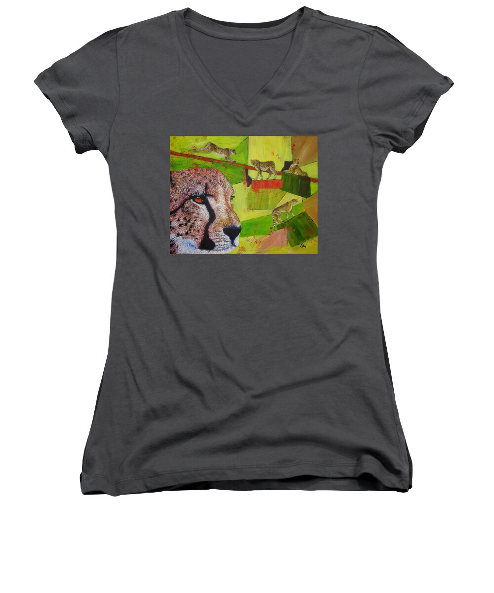 Art Women's V-Neck featuring the painting Cheetahs at play by Shirley Wellstead