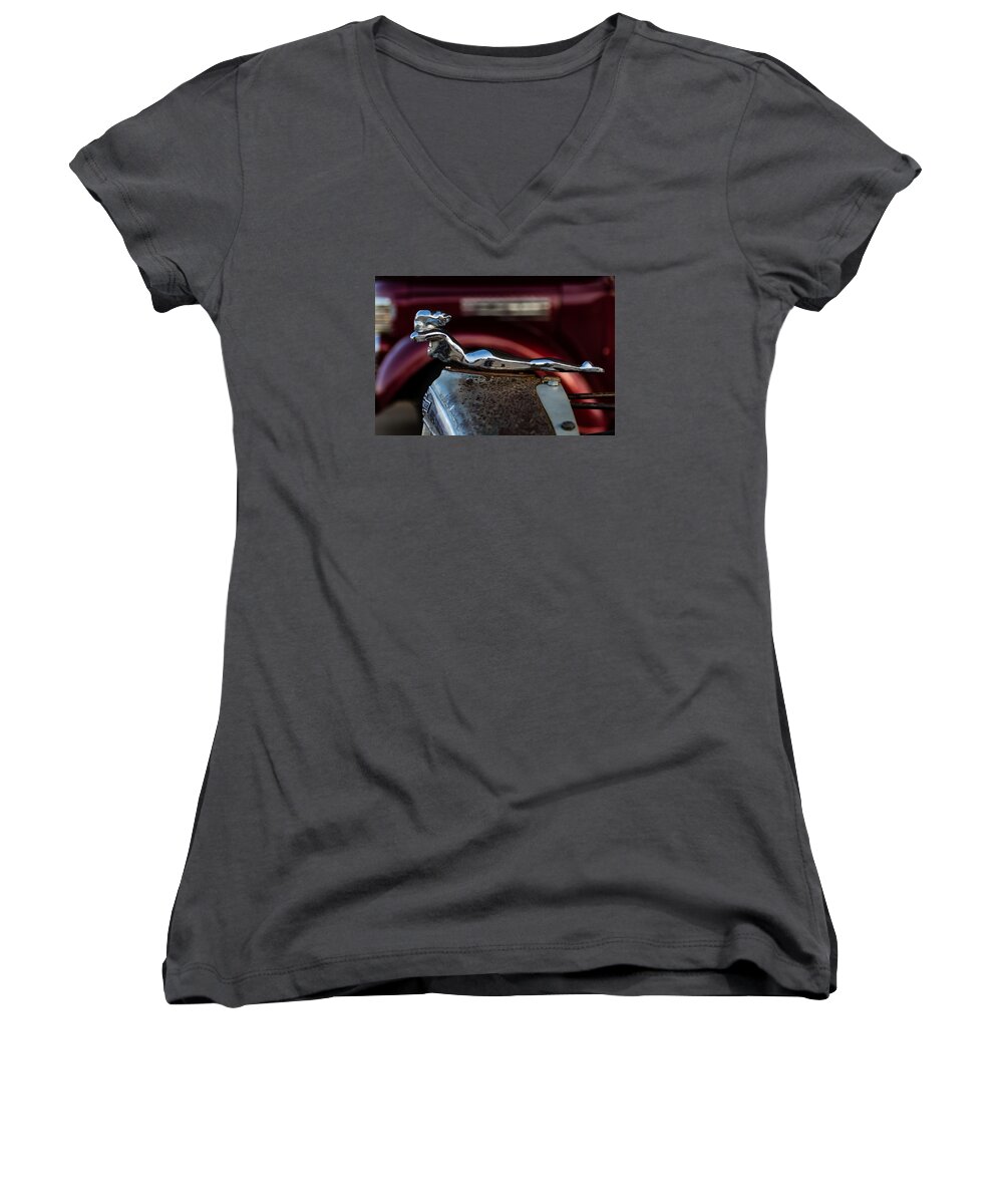 Jay Stockhaus Women's V-Neck featuring the photograph Chevrolet Hood Ornament by Jay Stockhaus