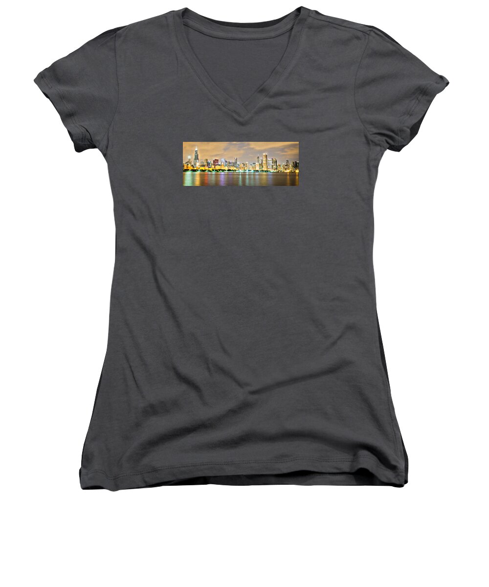 Chicago Women's V-Neck featuring the painting Chicago Skyline in Oil by Lev Kaytsner