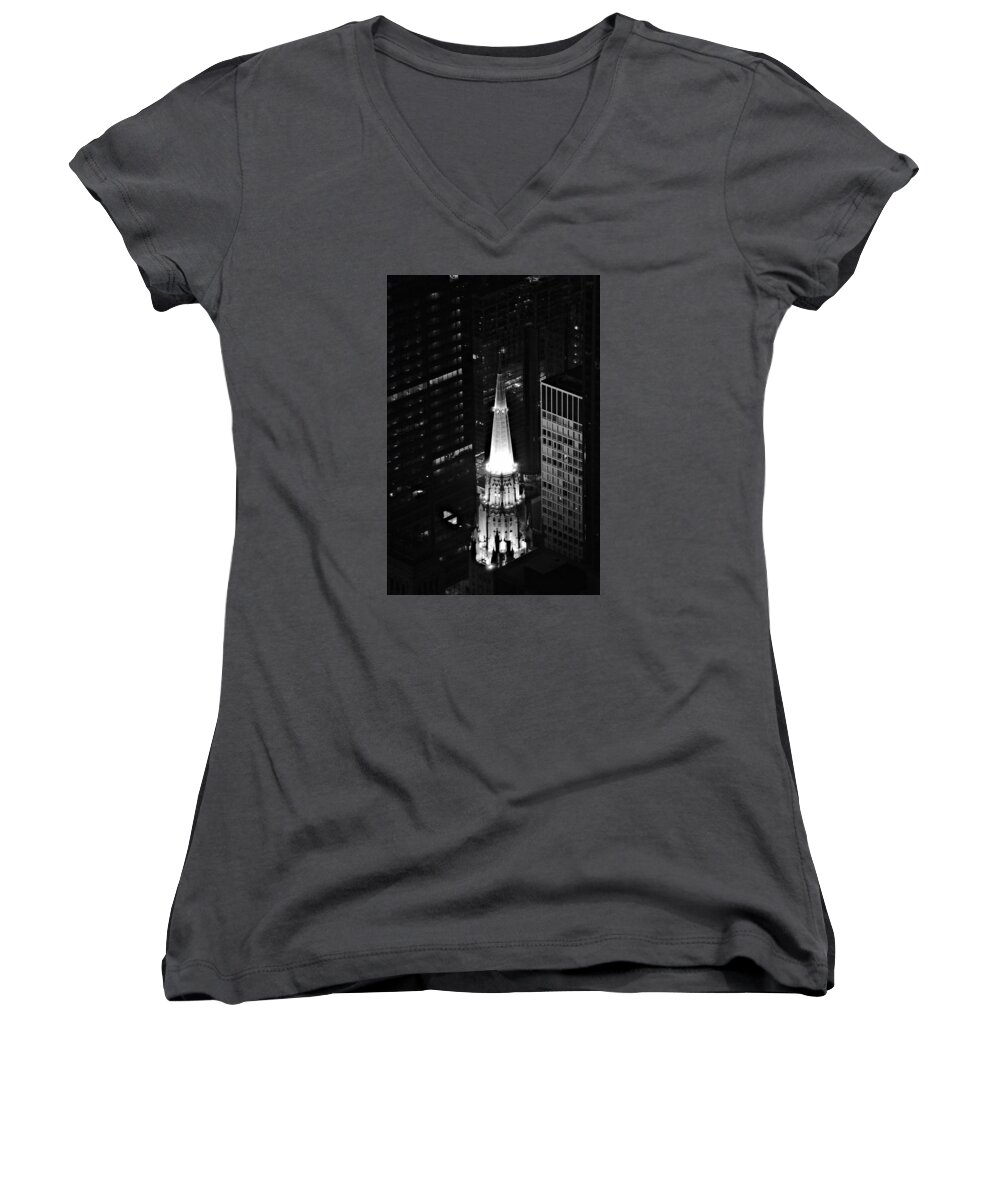 Architecture Women's V-Neck featuring the photograph Chicago Temple Building Steeple BW by Richard Zentner