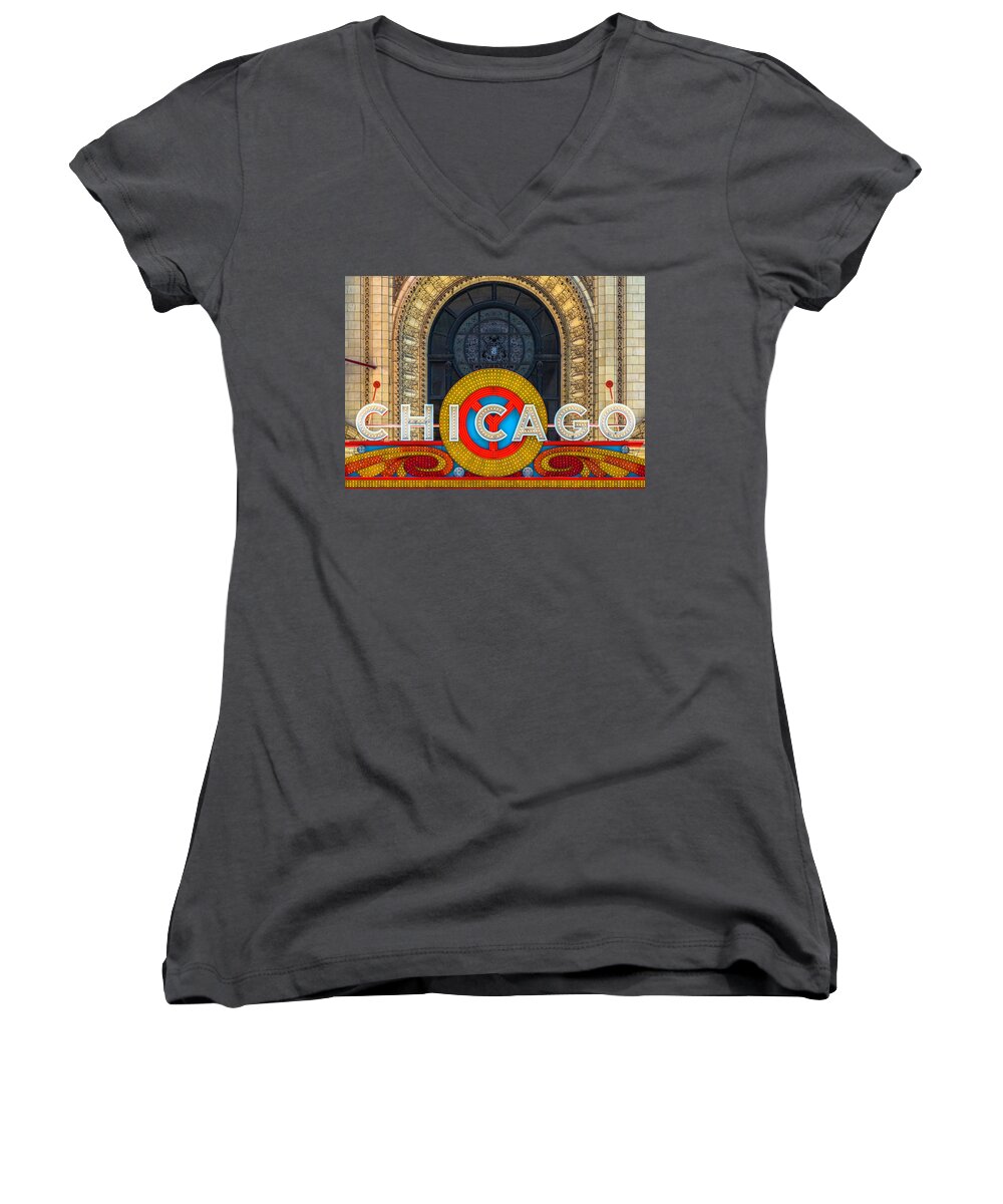  Women's V-Neck featuring the photograph Chicago Theatre Sign DSC2176 by Raymond Kunst