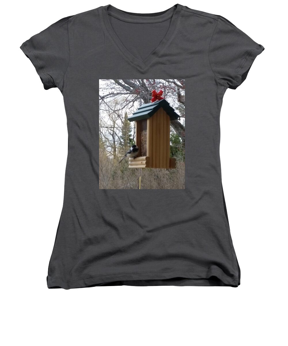 Northern Michigan Women's V-Neck featuring the photograph Chickadee by Wendy Shoults