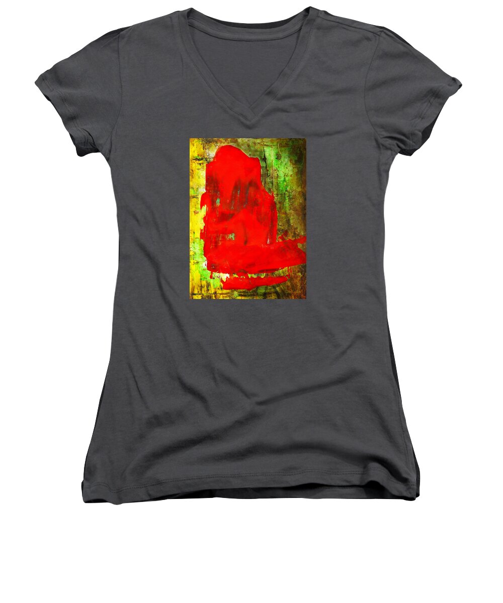 Child In Time Women's V-Neck featuring the painting Colorful Red Abstract Painting - Child In Time by Modern Abstract