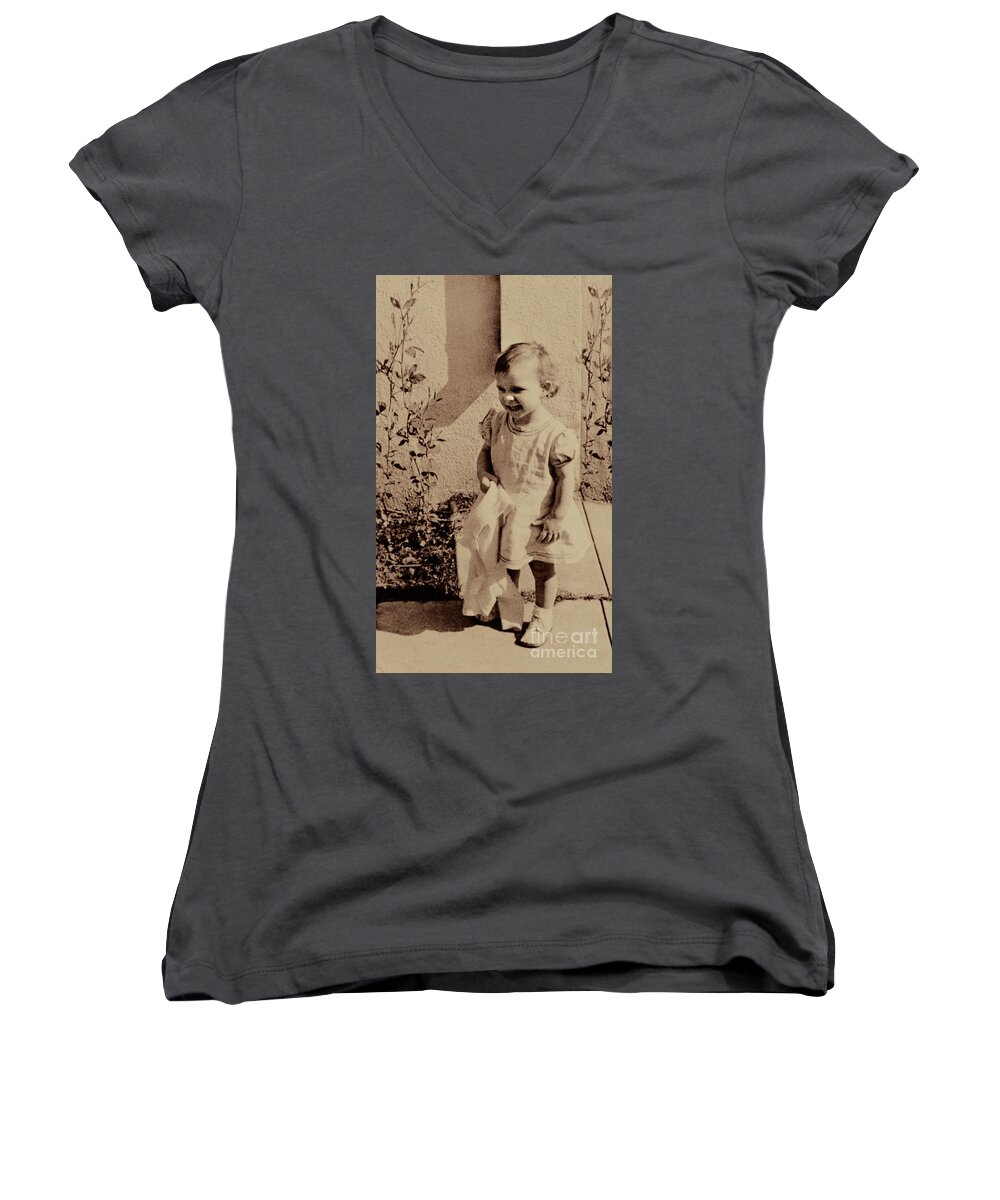 Child. Girl Women's V-Neck featuring the photograph Child of the 1940s by Linda Phelps