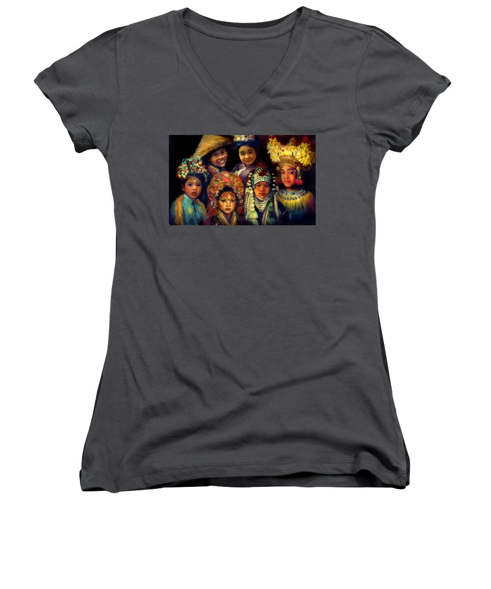 Children Women's V-Neck featuring the painting Children of Asia by Jean Hildebrant