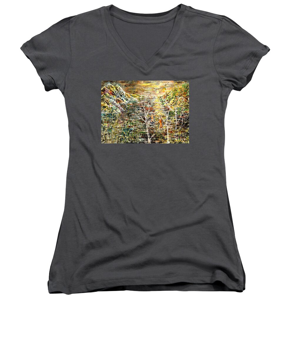 Watercolor Women's V-Neck featuring the painting Children of the Night by Almo M