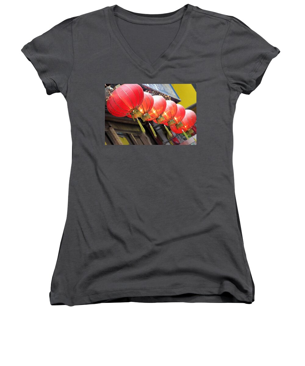 Lanterns Women's V-Neck featuring the photograph Chinese Lanterns by Jewels Hamrick