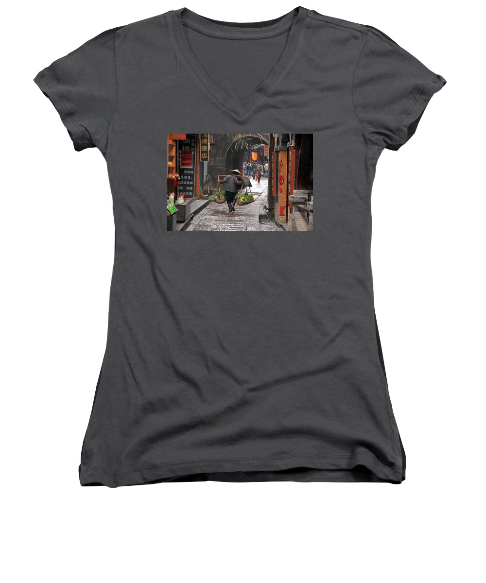Asian Women's V-Neck featuring the photograph Chinese Woman Carrying Vegetables by Valentino Visentini