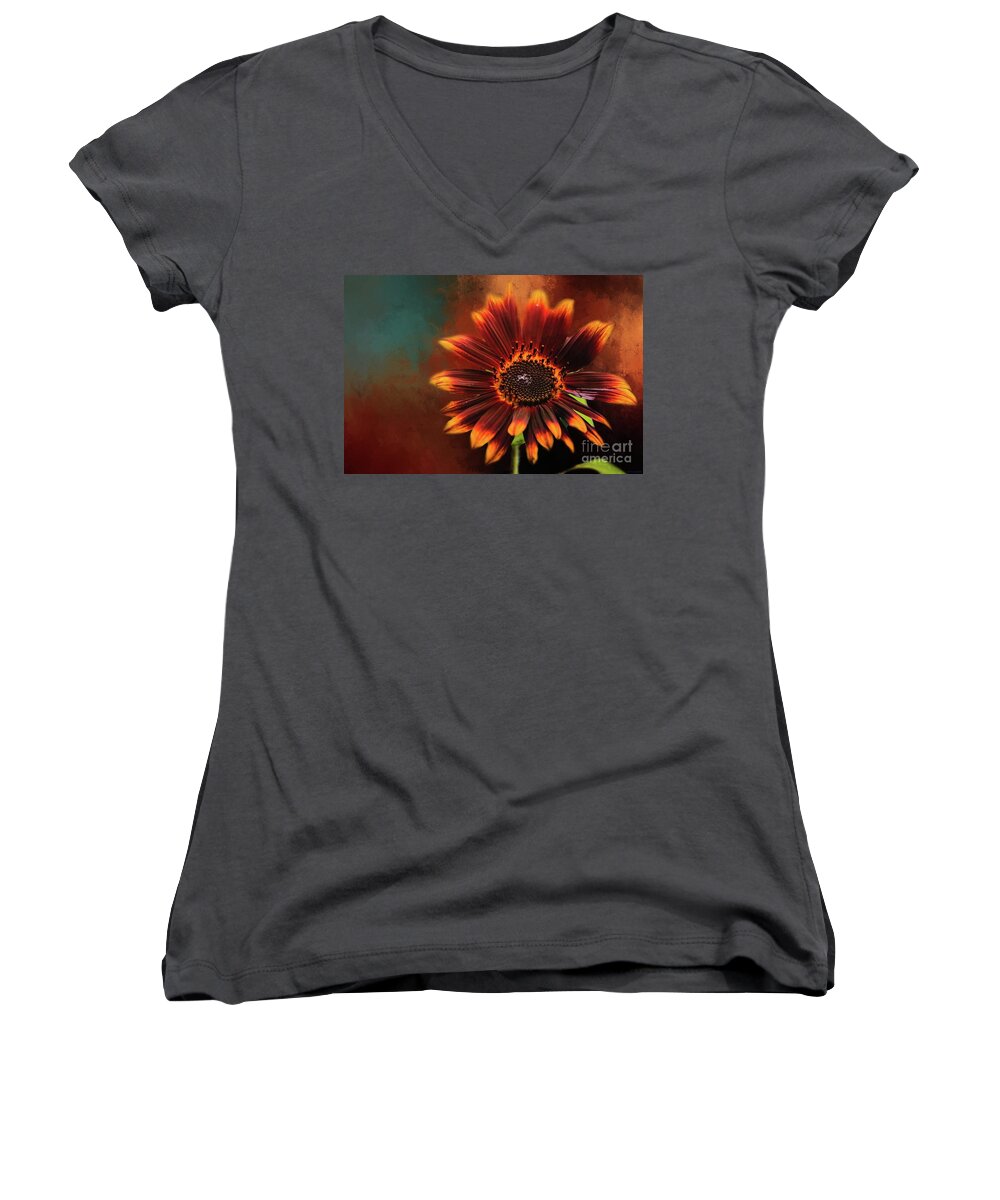Sunflower Women's V-Neck featuring the photograph Chocolate Sunflower by Eva Lechner