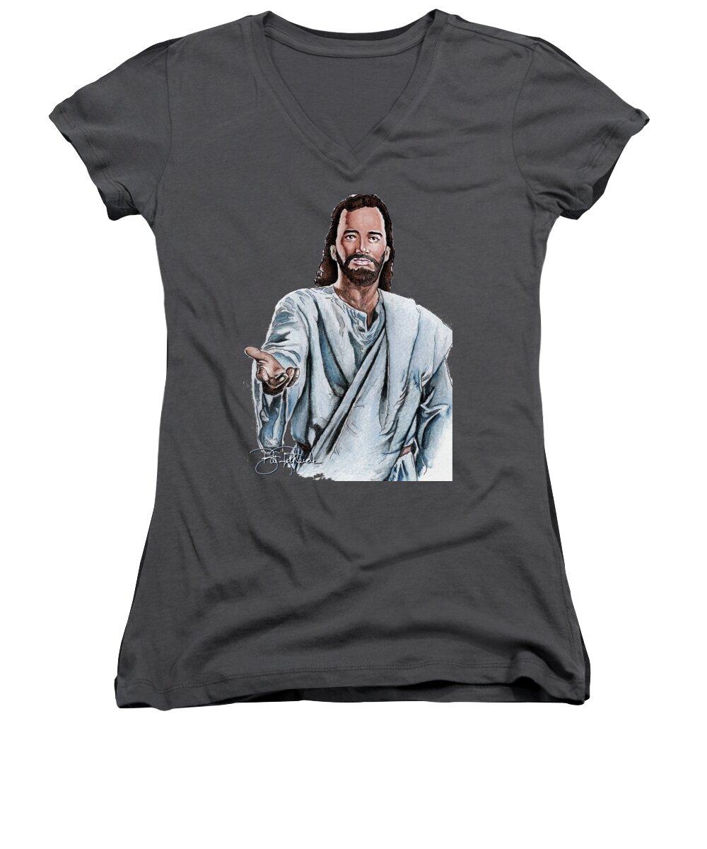 Jesus Women's V-Neck featuring the drawing Christ by Bill Richards