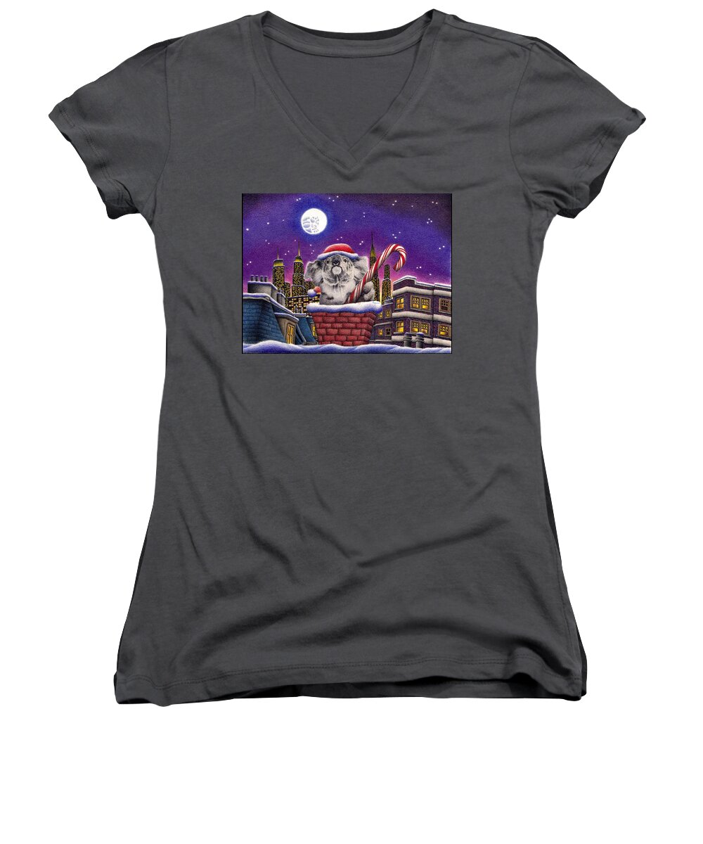 Koala Women's V-Neck featuring the drawing Christmas Koala in Chimney by Casey 'Remrov' Vormer