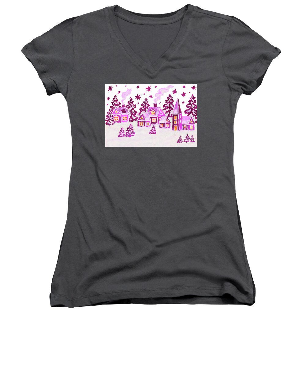 Christmas Women's V-Neck featuring the painting Christmas picture in pink colours by Irina Afonskaya