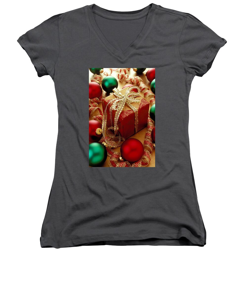 Christmas Women's V-Neck featuring the photograph Christmas present and ornaments by Garry Gay