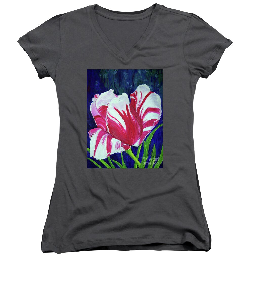 Tulip Women's V-Neck featuring the painting Chucks Tulip by Lisa Rose Musselwhite